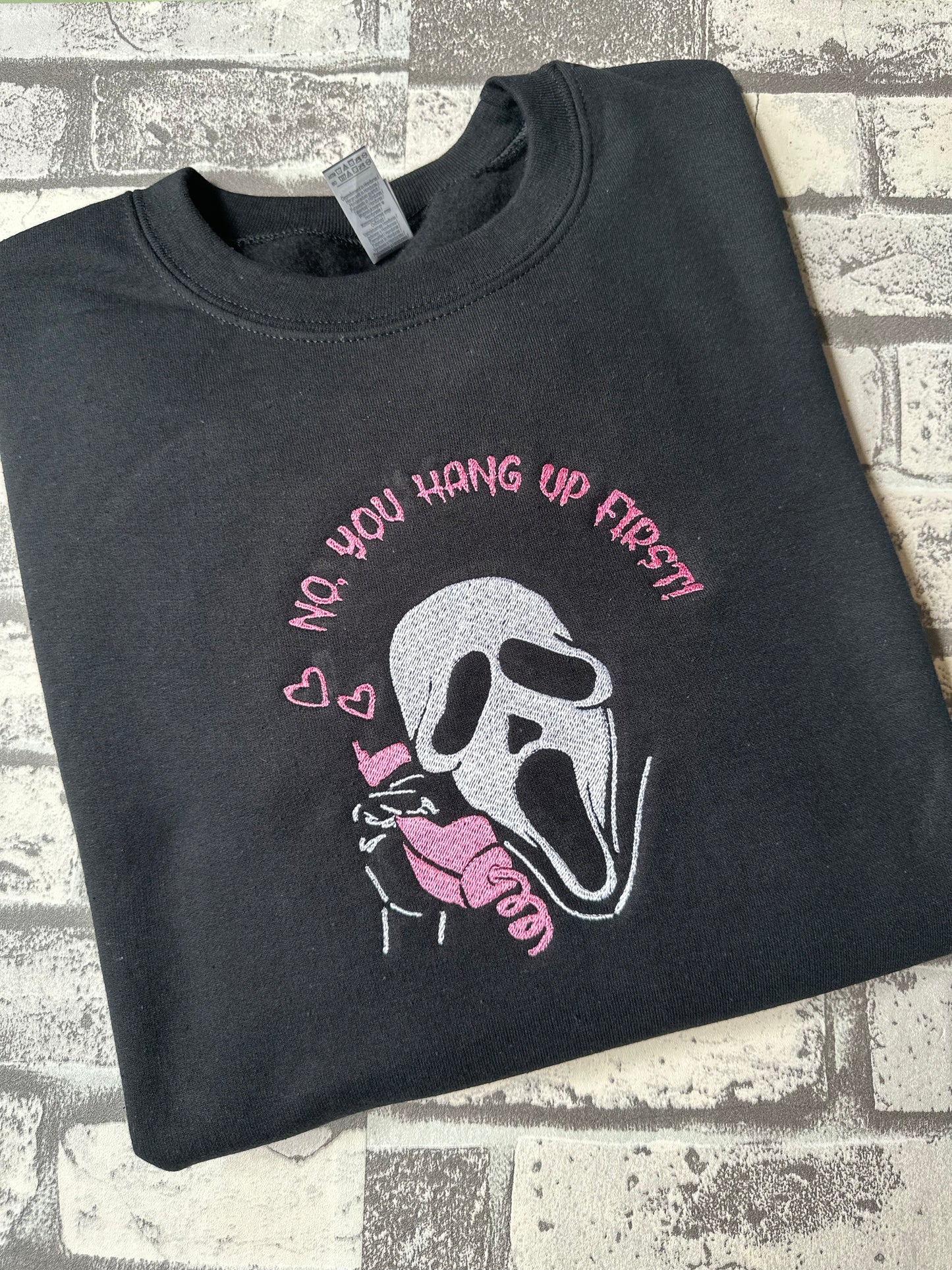 YOU HANG UP EMBROIDERED BLACK SWEATSHIRT
