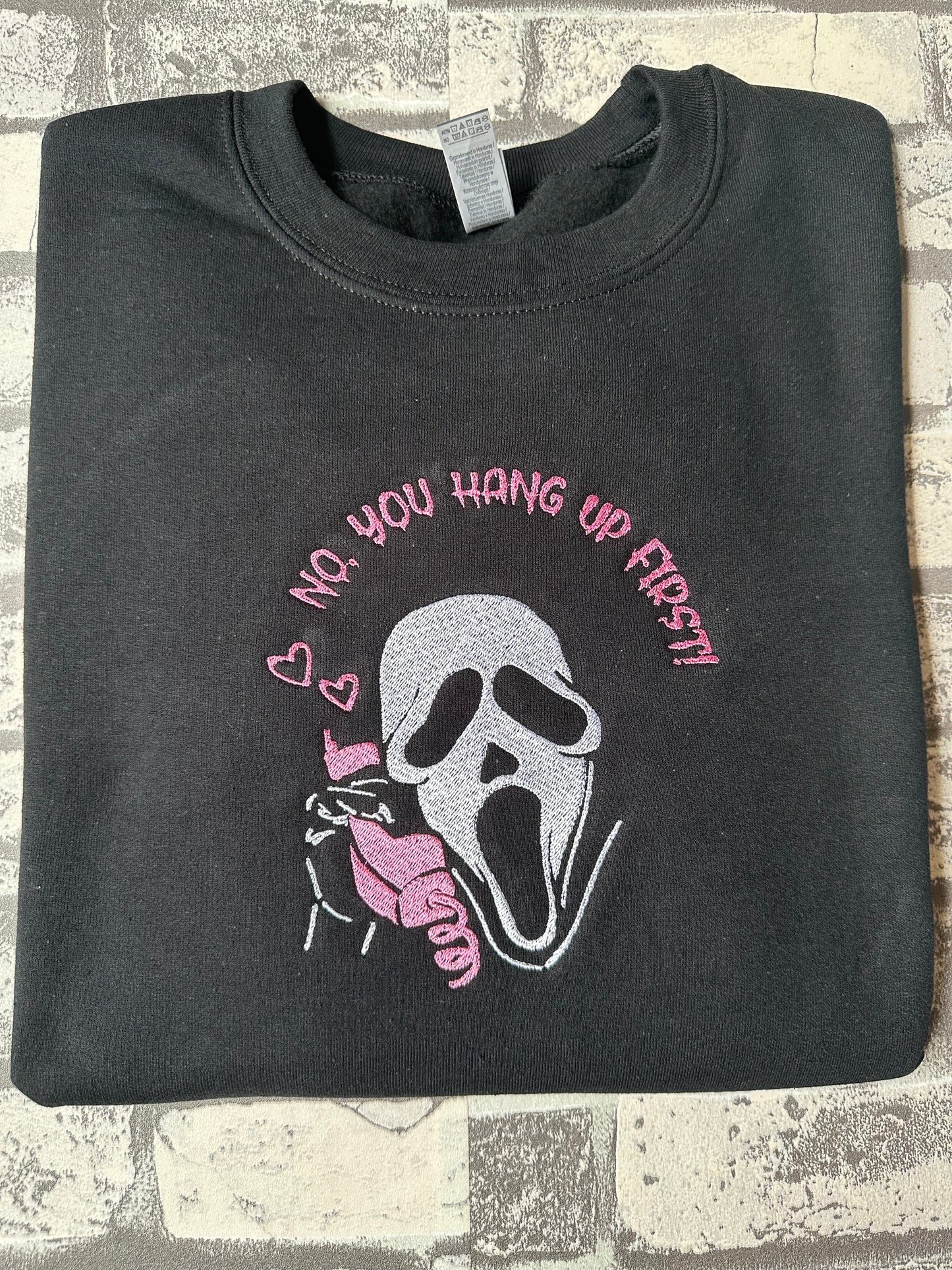 YOU HANG UP EMBROIDERED BLACK SWEATSHIRT