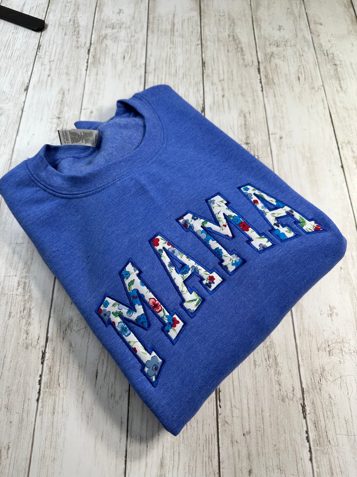 MAMA APPLIQUÉ EMBROIDERY BLUE SWEATSHIRT