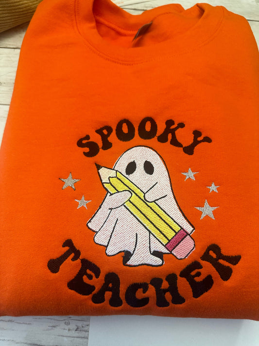 SPOOKY TEACHER EMBROIDERY  ORANGE SWEATSHIRT