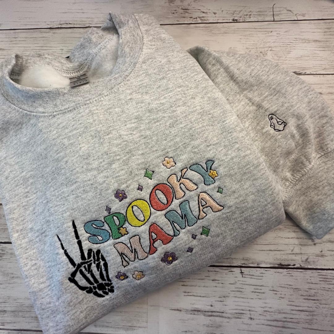 SPOOKY MAMA EMBROIDERY ASH GRAY SWEATSHIRT