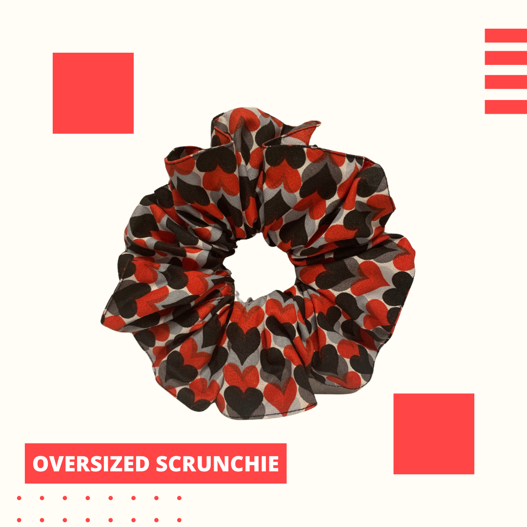 Black, Red and Gray Hearts Oversize Scrunchie